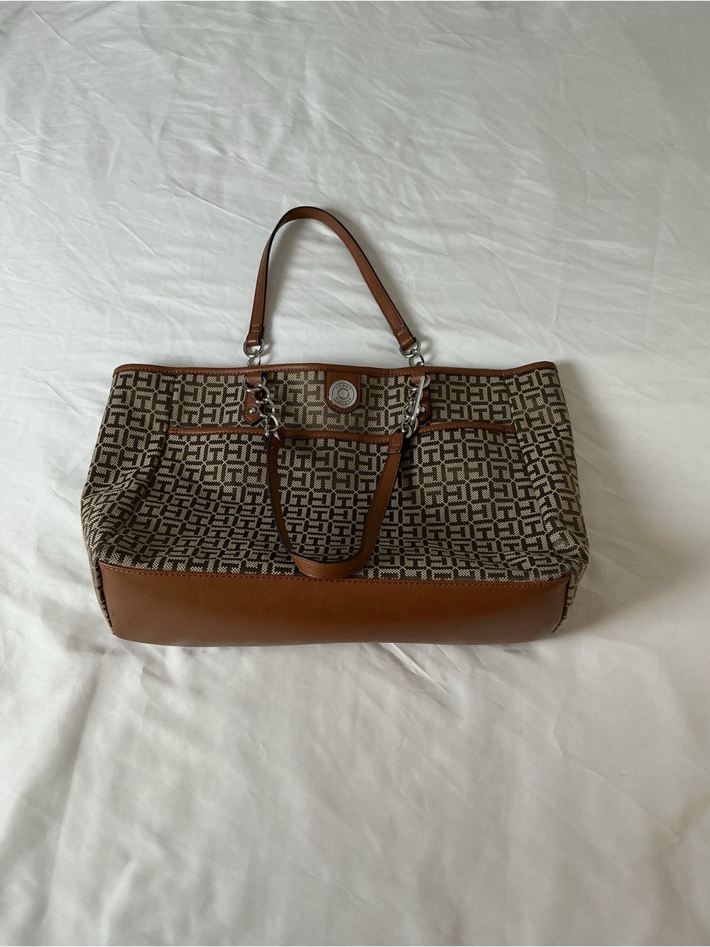 Tommy Hilfiger Brown Patterned Canvas Tote with Tan Leather Trim